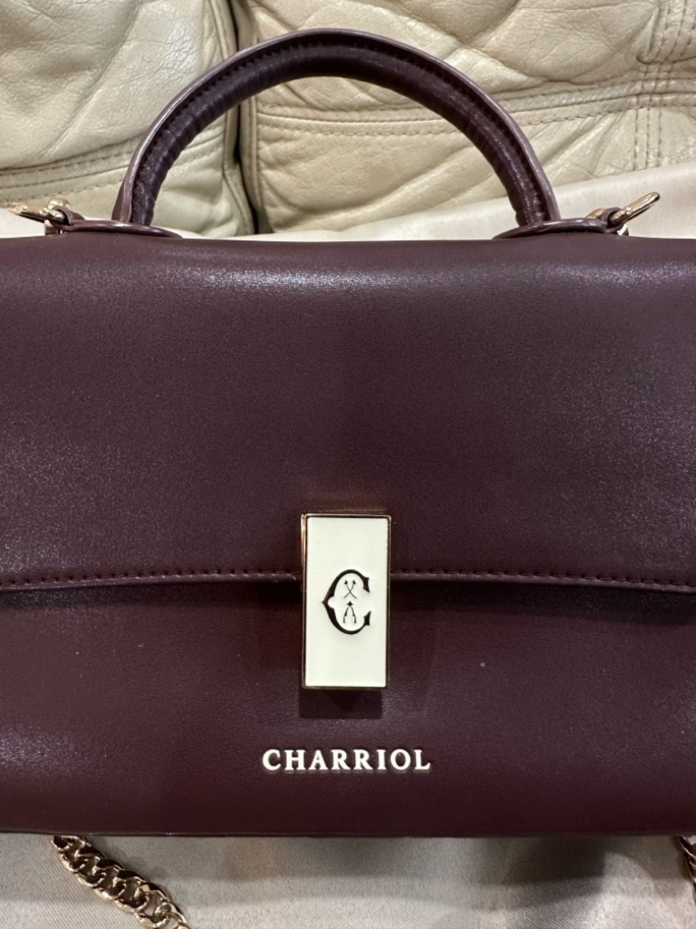Charriol Burgundy Leather Satchel with Gold Chain Strap - Picture 6 of 15